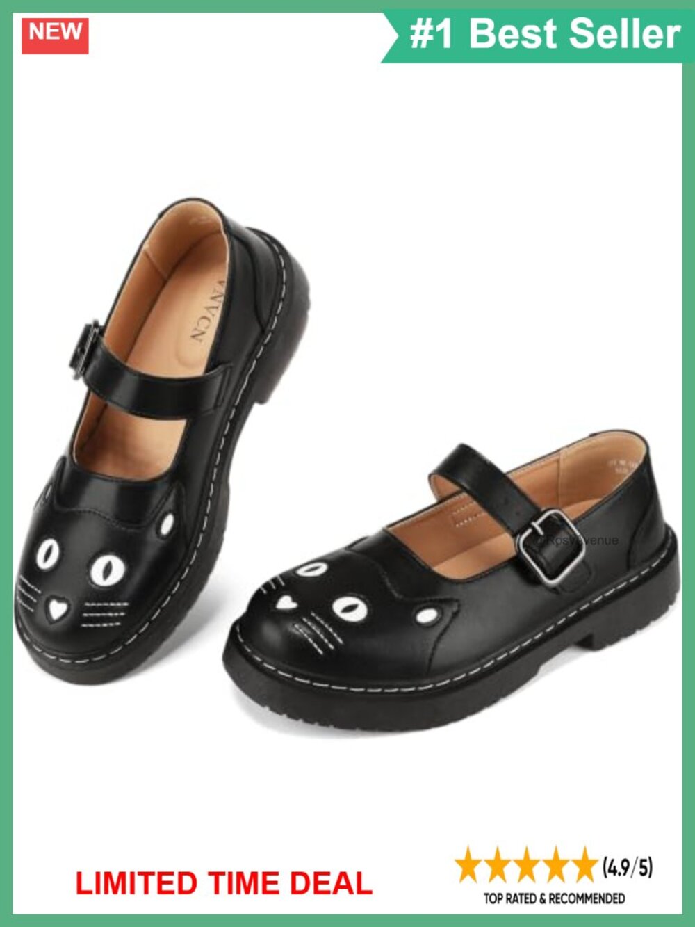 Women's Kitty Cat Mary Jane Flats Round Toe Ankle Strap Leather Non-Slip Work